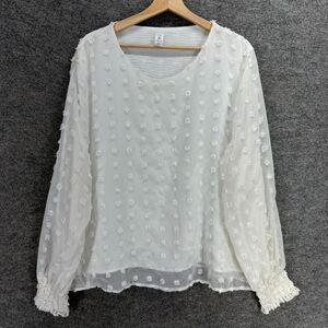 B Blouse Women 3XL White Polka Dot Embroidered Long Sleeve Round Neck Pullover